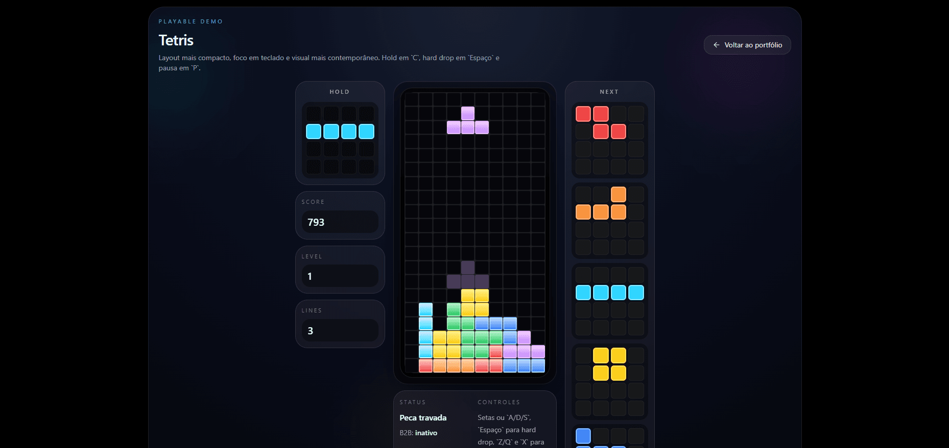Tela do projeto Tetris desenvolvido para o portfólio